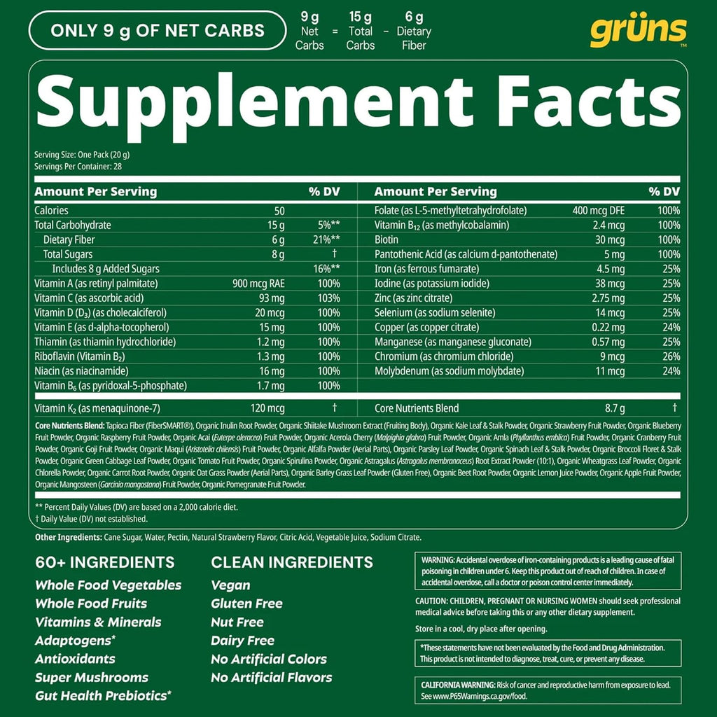 Gruns Adult Greens Gummies & Daily Multivitamin, Prebiotic Fiber, 28 ct - Image 9
