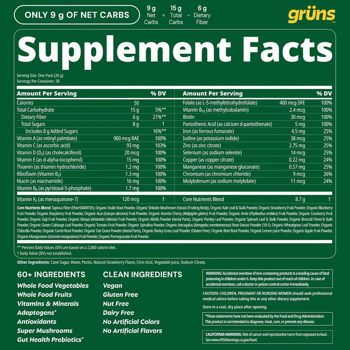 Gruns Adult Greens Gummies & Daily Multivitamin, Prebiotic Fiber, 28 ct - Image 9