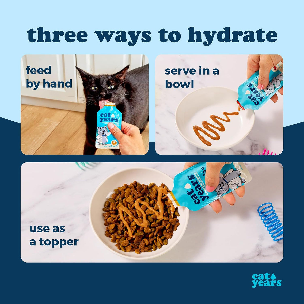 Happy cat eating Cat Years chicken hydration treat