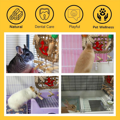 Side profile of the small animal chew toy securely attached to metal cage wires.