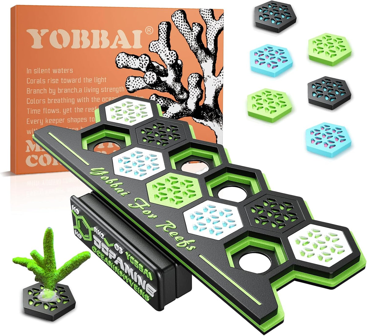 YOBBAI magnetic coral frag rack front view showing neon green slots and strong glass mount magnet