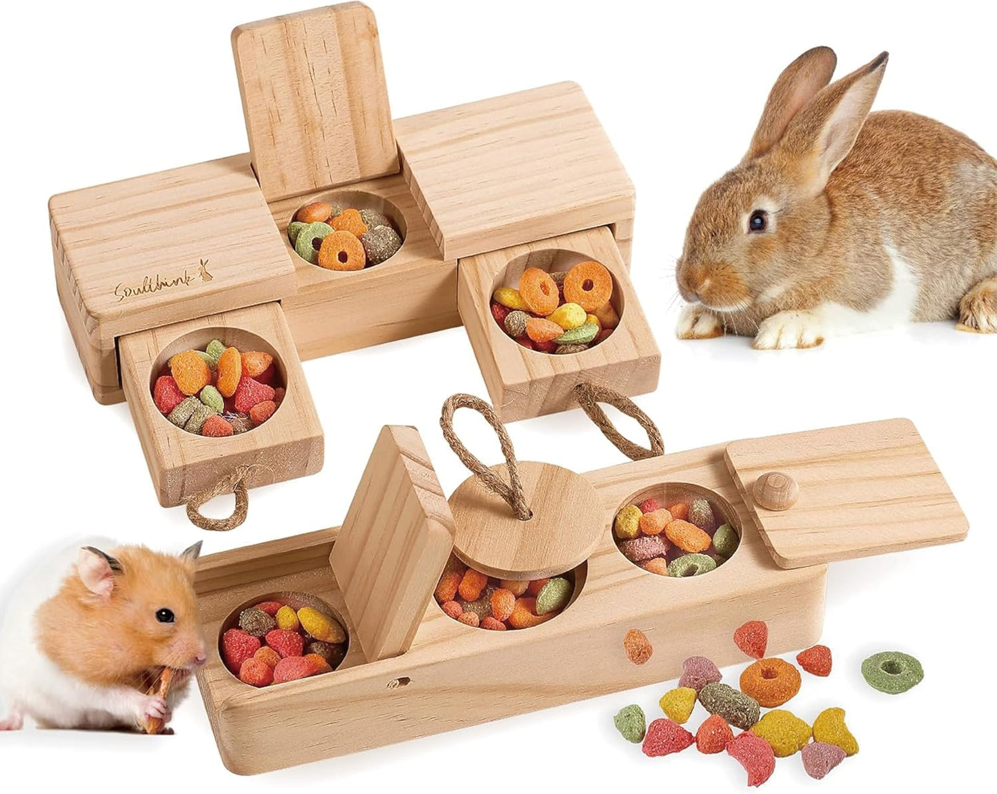 SoulThink interactive wooden pet rabbit toys front view showing foraging compartments