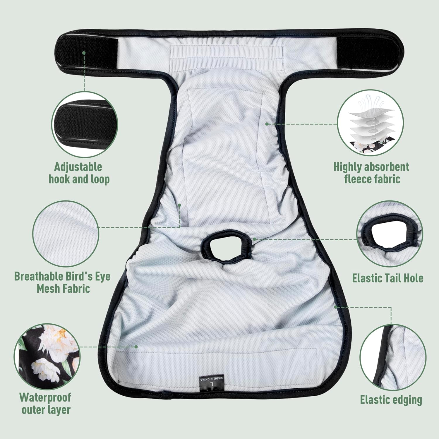 Highly absorbent dog incontinence underwear showing bird eye mesh fabric interior