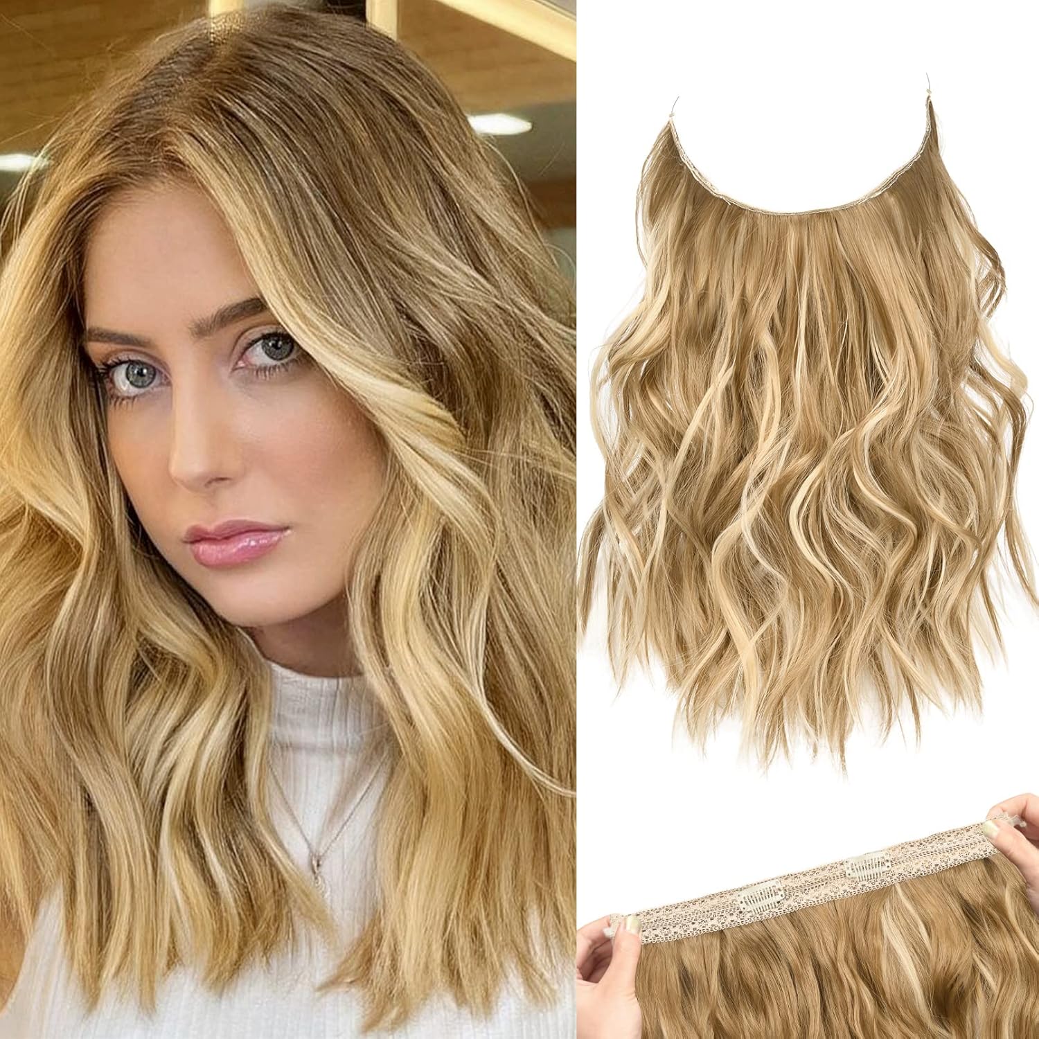 REECHO invisible wire hair extensions front view medium blonde with highlights