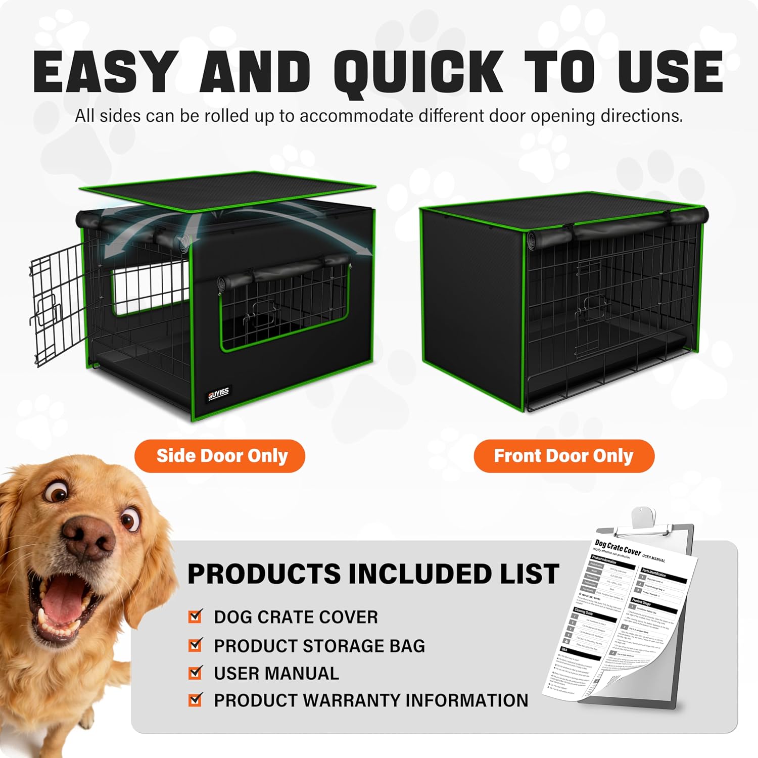 GUYISS universal fit dog cage cover with all four sides rolled up for maximum airflow.