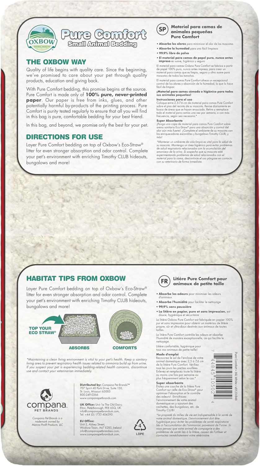 Oxbow white paper bedding bag showing product label details