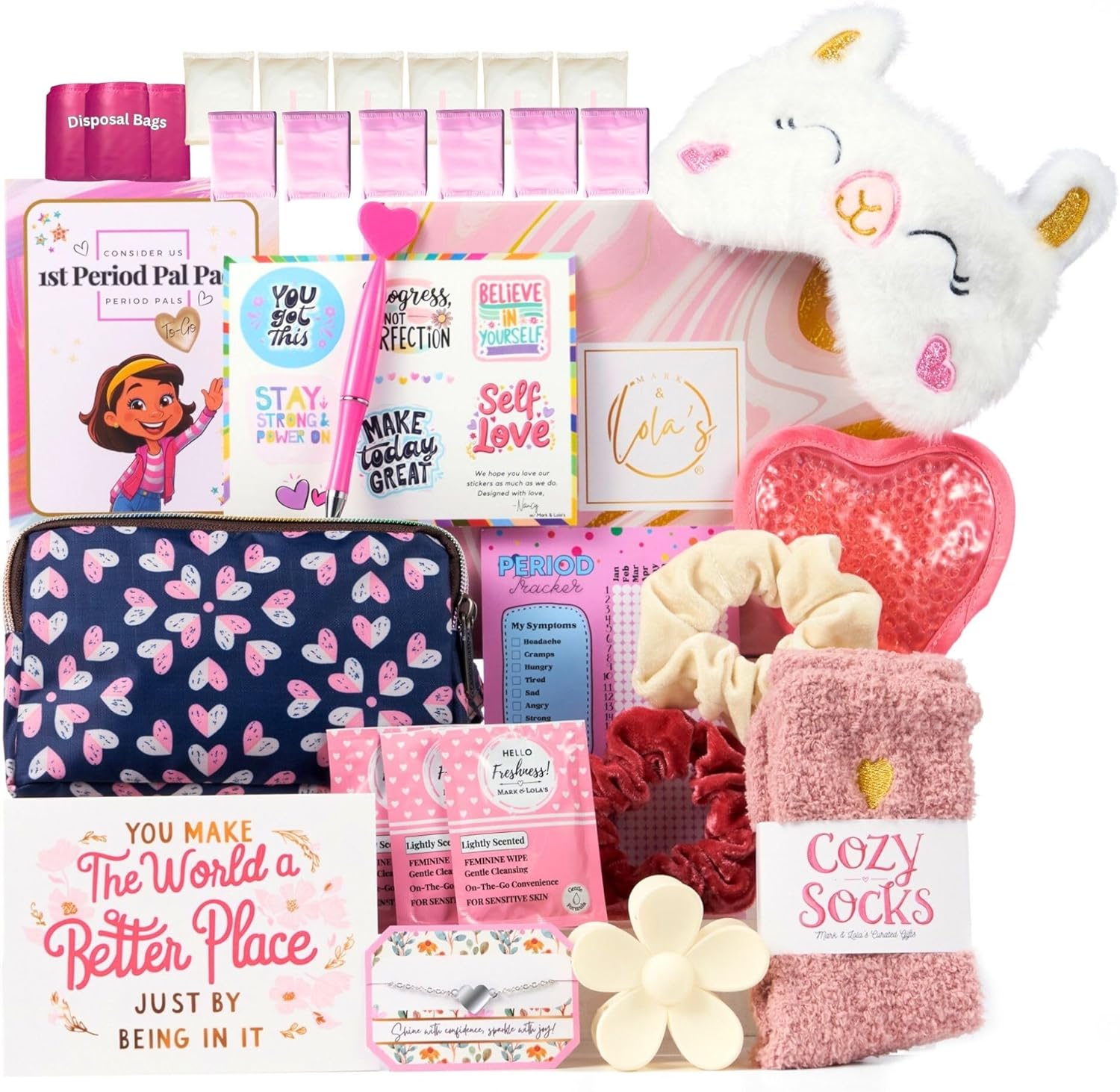 Mark and Lola's First Period Pal Pack Gift Box front view showing hearts bag and contents