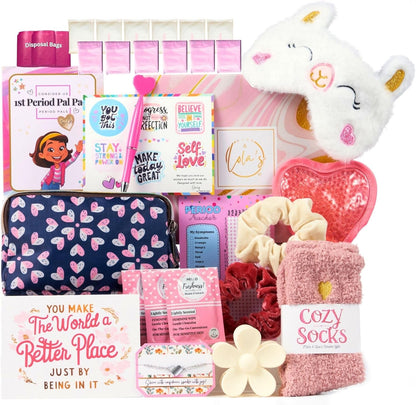 Mark and Lola's First Period Pal Pack Gift Box front view showing hearts bag and contents