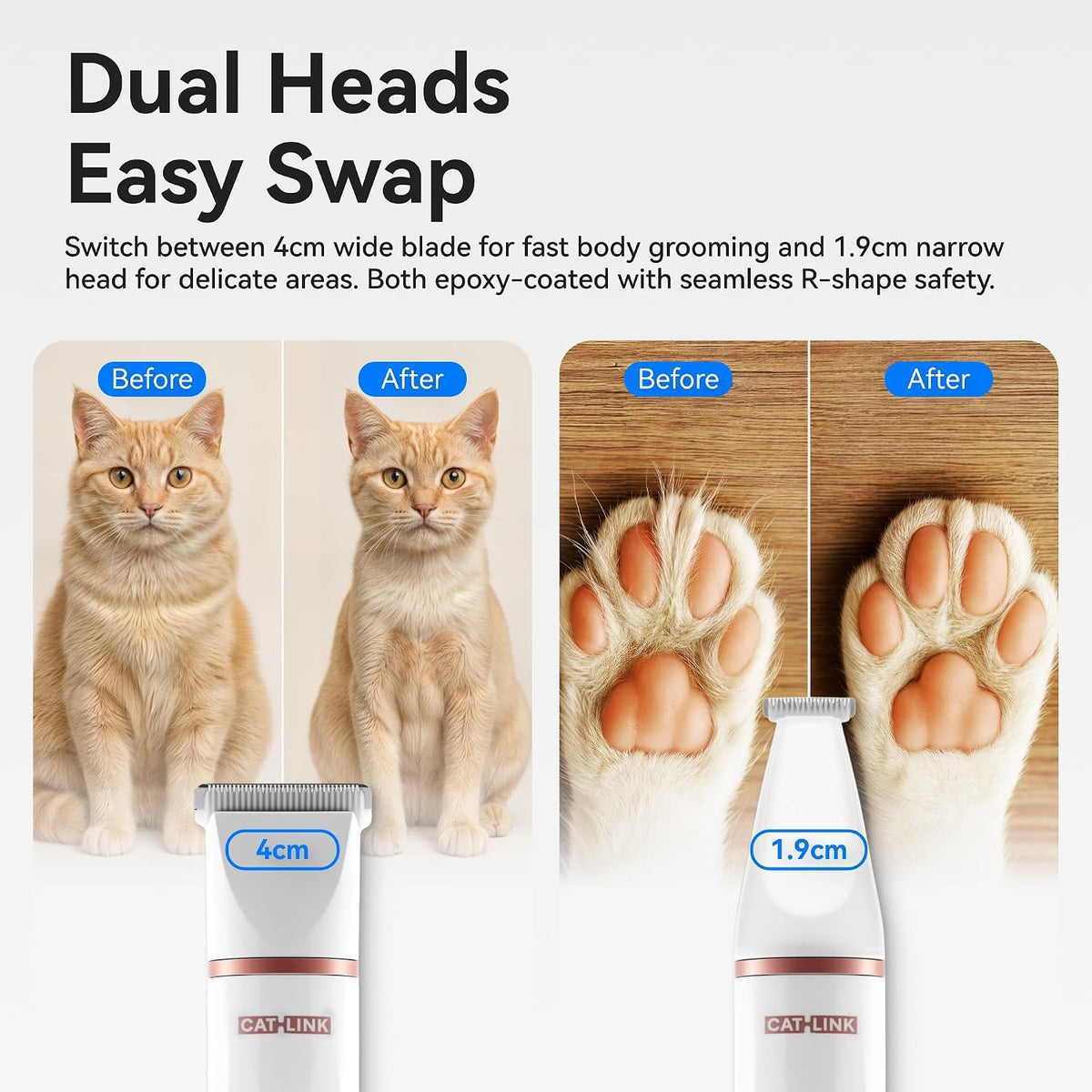 CATLINK cordless cat shaver showing the IPX7 waterproof body being rinsed under running tap water.