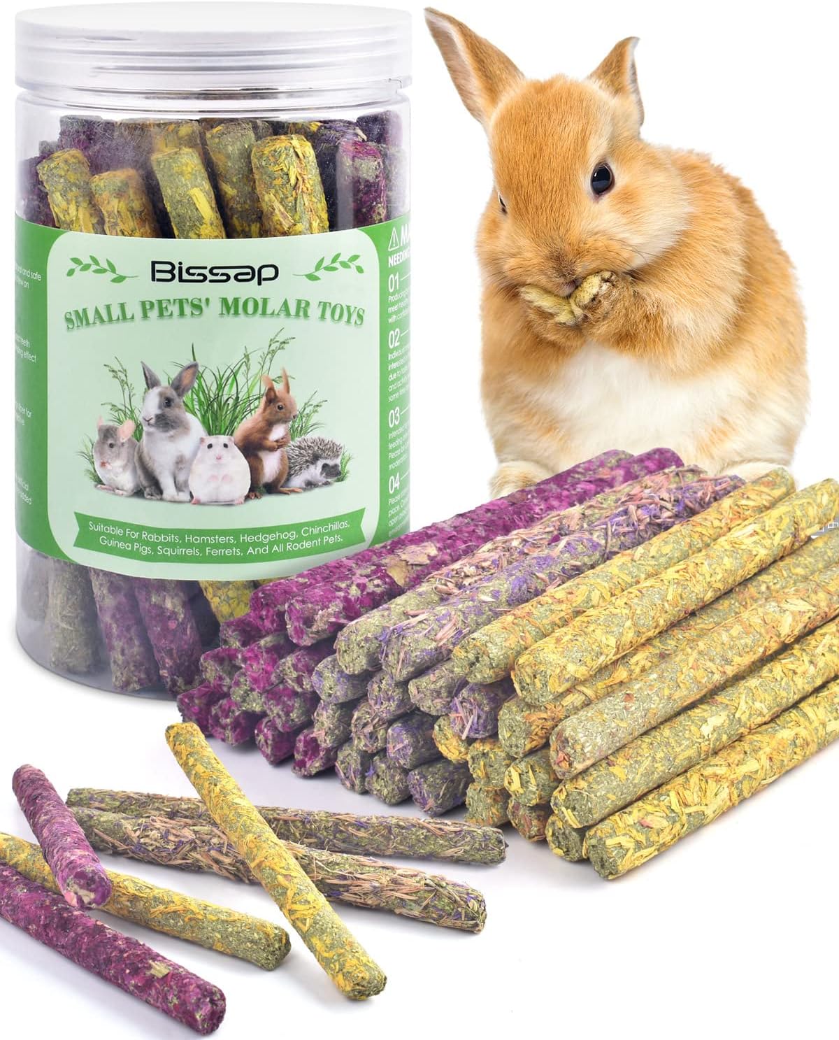 Bissap 36 Pieces Rabbit Chew Sticks front view of airtight packaging jar containing mixed flower treats.