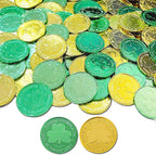 Augsun St Patricks Day Shamrock Coins front view showcasing the embossed three leaf clover design on metallic surface.