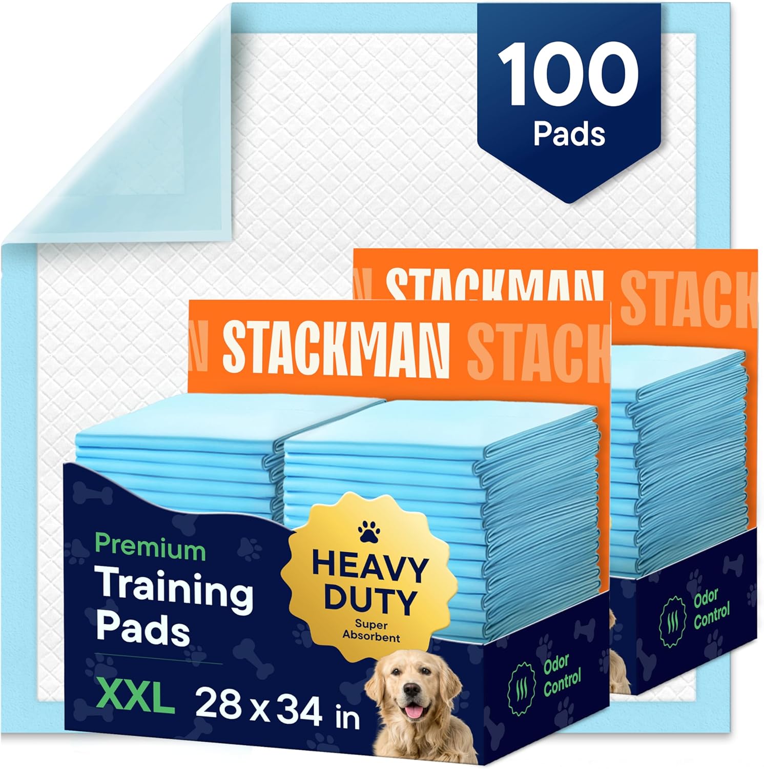 Stack Man Puppy Pads Extra Large front view package showing one hundred count box for pet training.