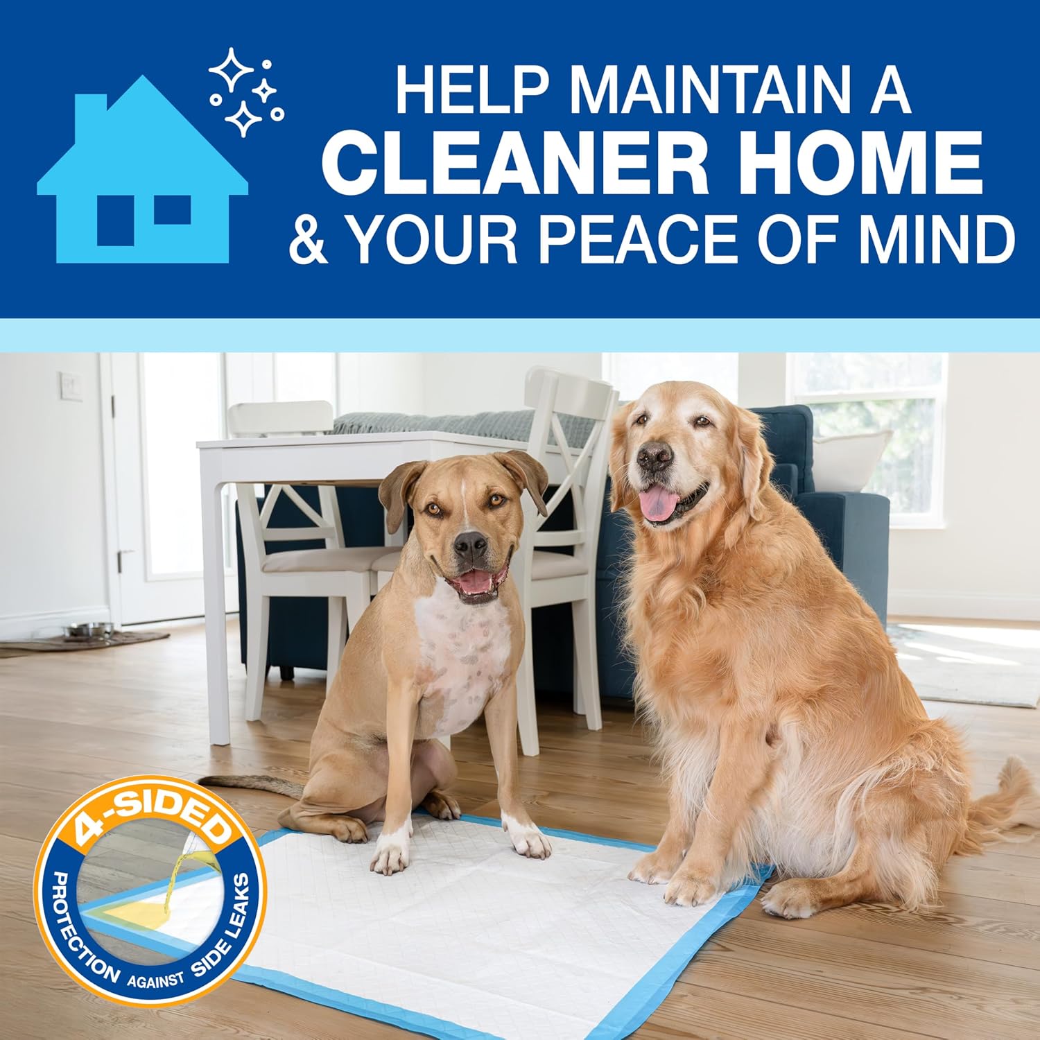 Four Paws heavy duty dog potty pads demonstrating twenty four hour floor protection