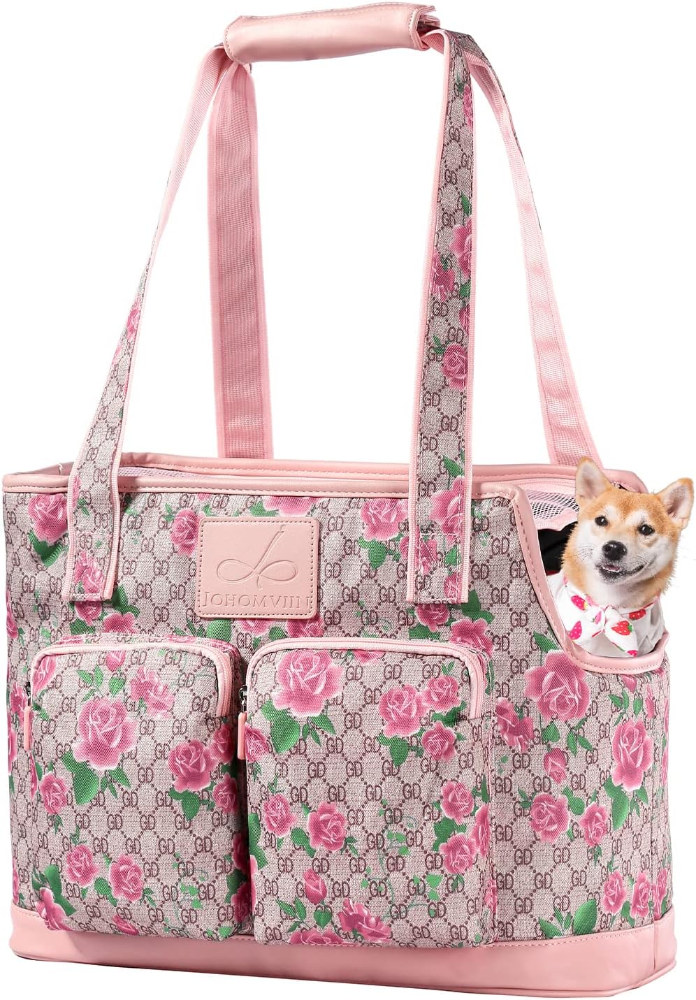 Johomviin floral dog carrier purse front view with pet inside