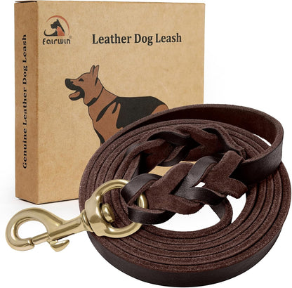 Fairwin braided leather dog training leash front view showing brown genuine leather material