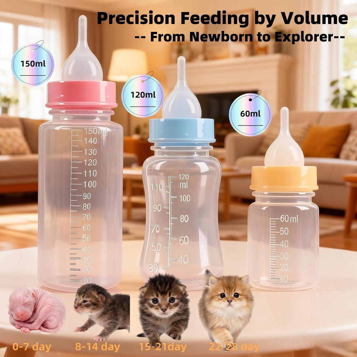 Three-pack anti-choking pet nursing bottles with replaceable silicone nipples.