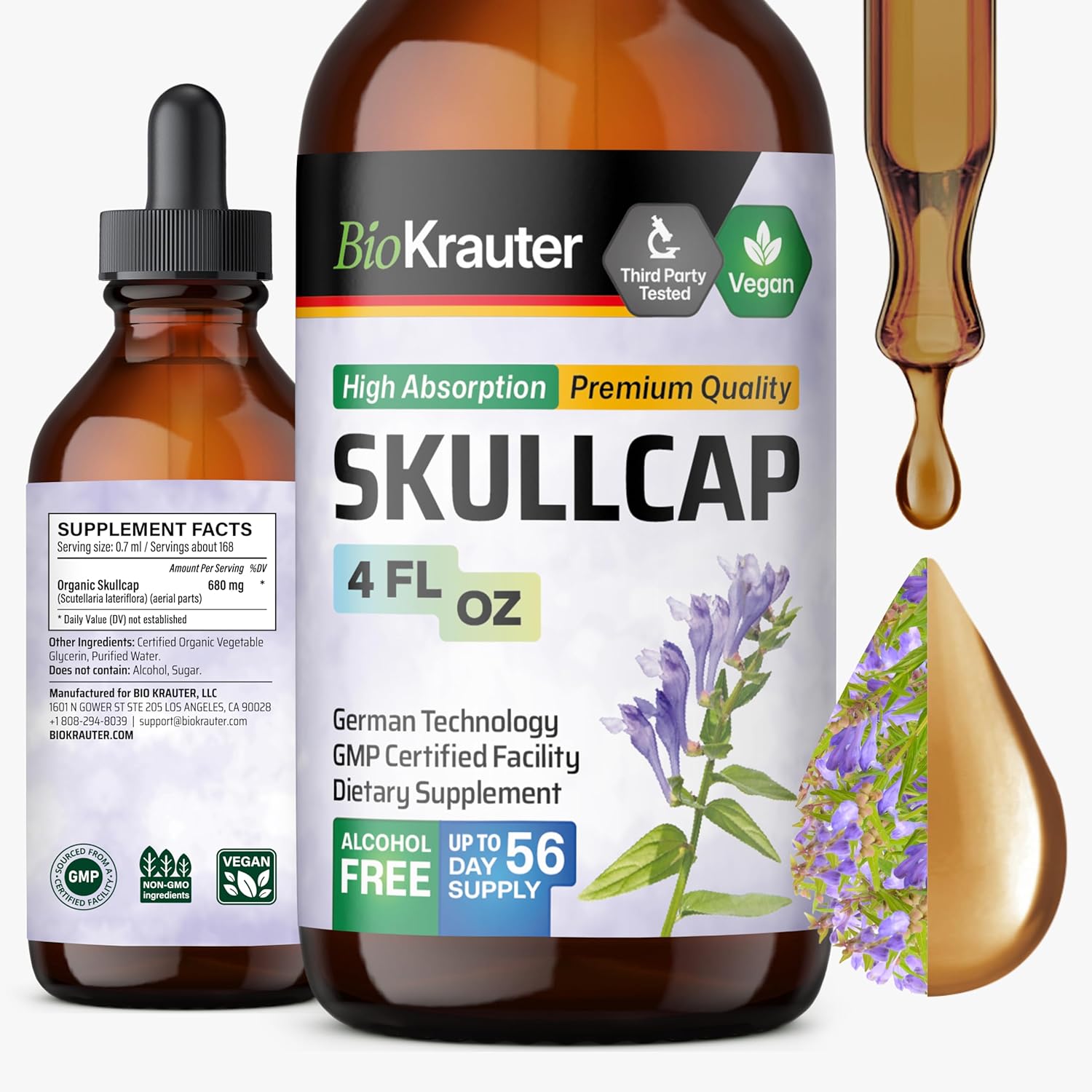 BIO KRAUTER Skullcap Herb Tincture 4 Fluid Ounce front view for natural relaxation.