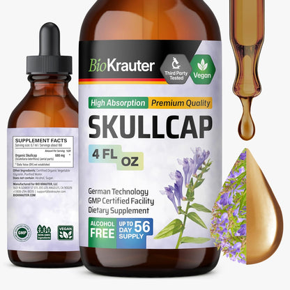BIO KRAUTER Skullcap Herb Tincture 4 Fluid Ounce front view for natural relaxation.