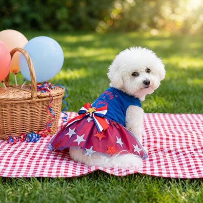 Hying small dog patriotic outfit pullover dress neck and bowknot detailing.
