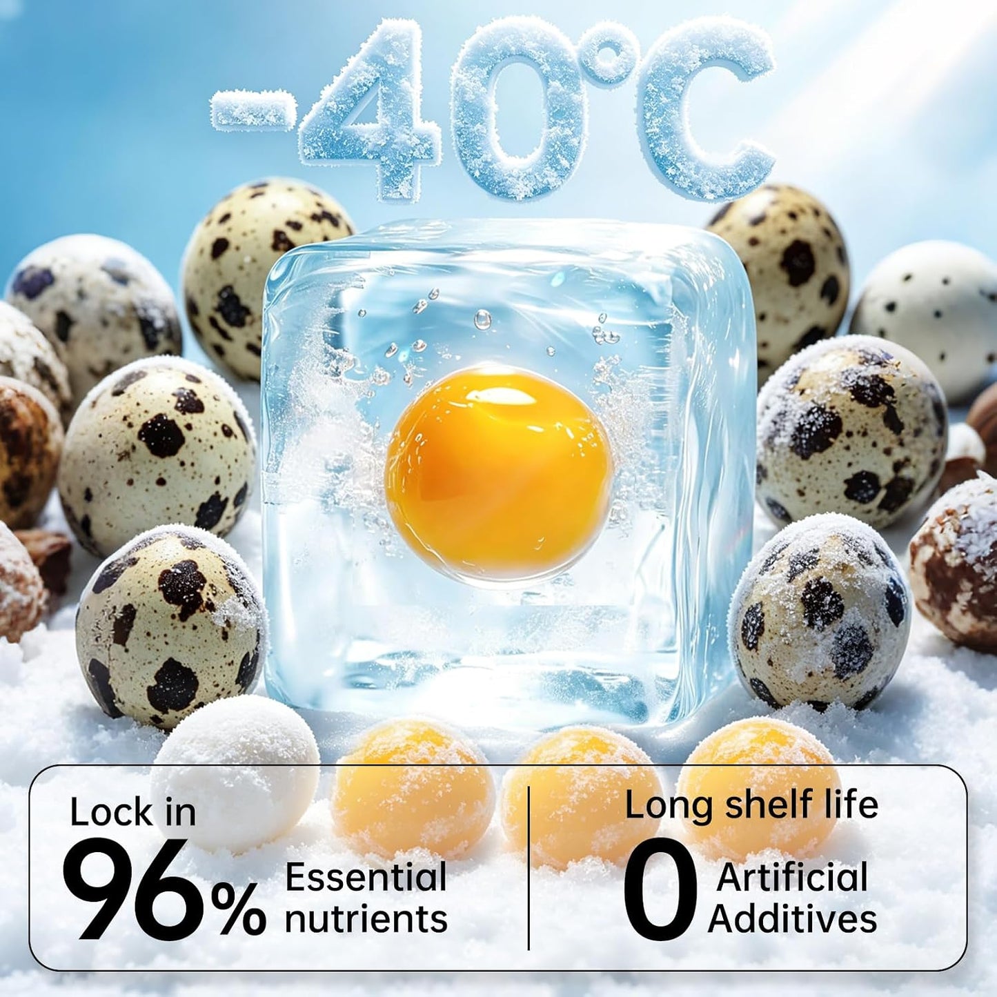 Single ingredient freeze dried quail egg yolks showing natural round shape and texture.