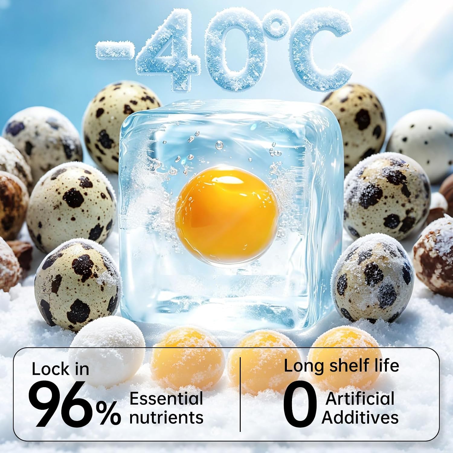 Single ingredient freeze dried quail egg yolks showing natural round shape and texture.
