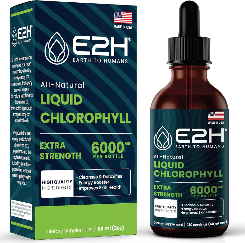 E2H Earth to Humans Liquid Chlorophyll bottle and packaging front view for natural energy boosting