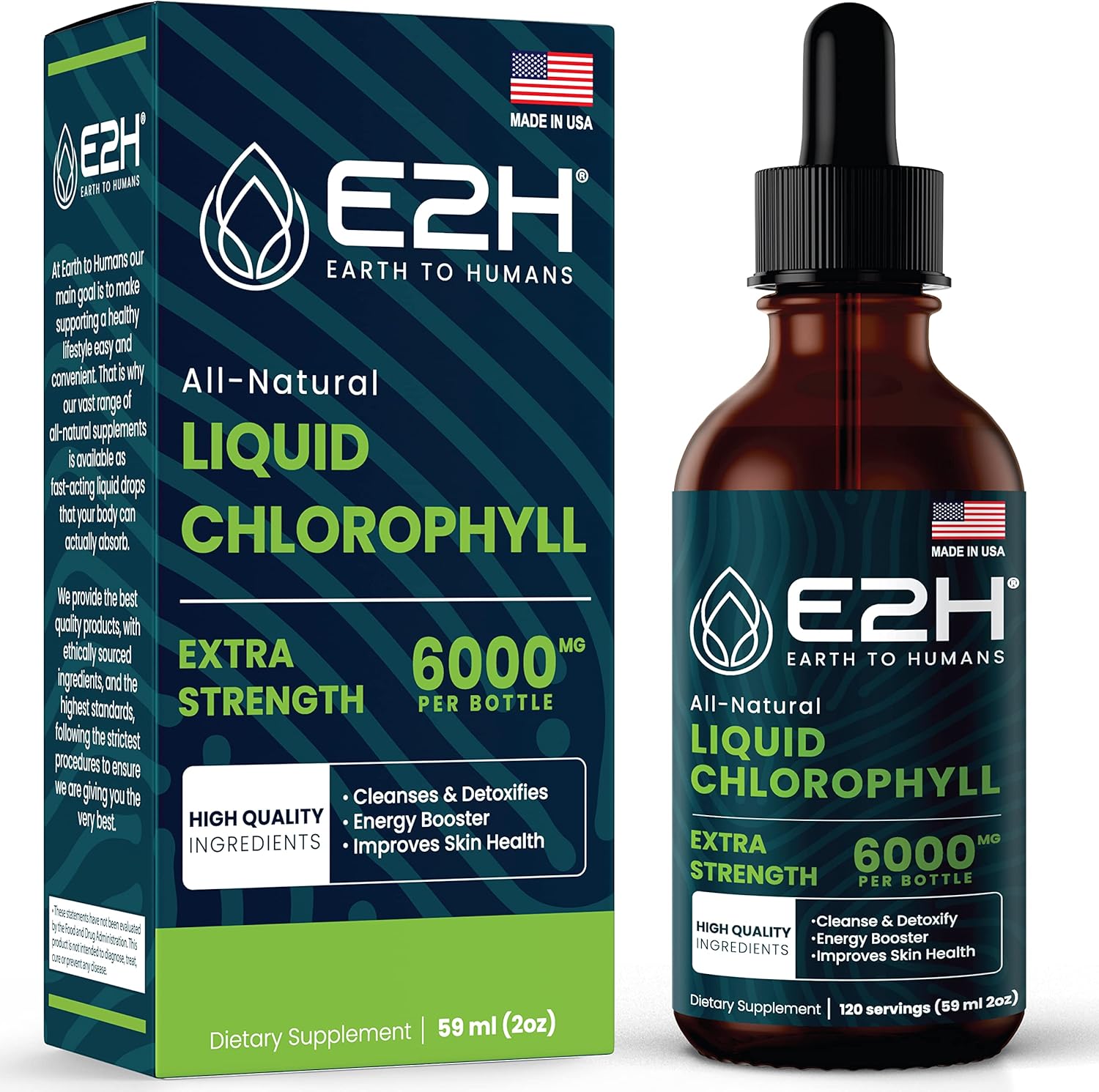 E2H Earth to Humans Liquid Chlorophyll bottle and packaging front view for natural energy boosting