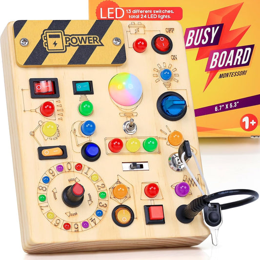 RichBoy Montessori Toy Busy Board front view showing various switches and colorful LED lights for toddler sensory development.