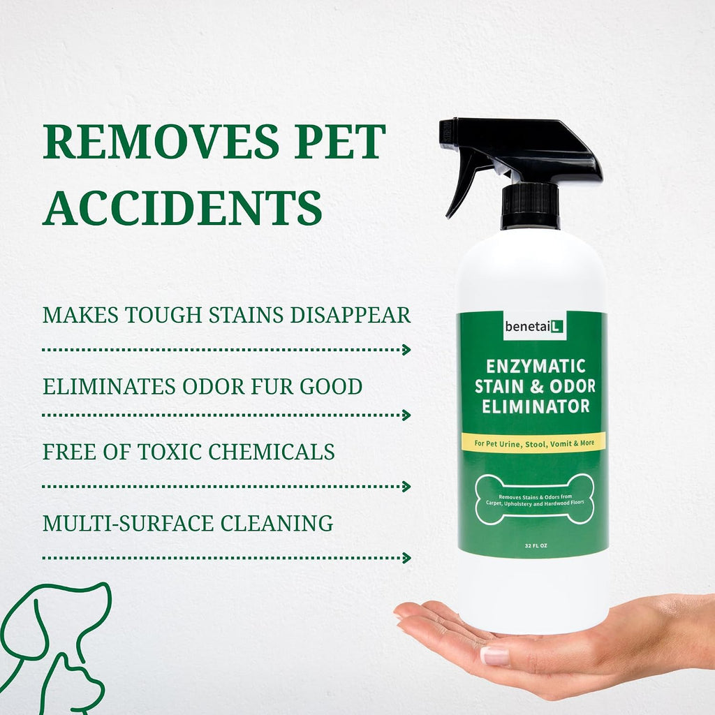 Benetail bio enzyme pet spray removing dog urine stains from a living room rug.