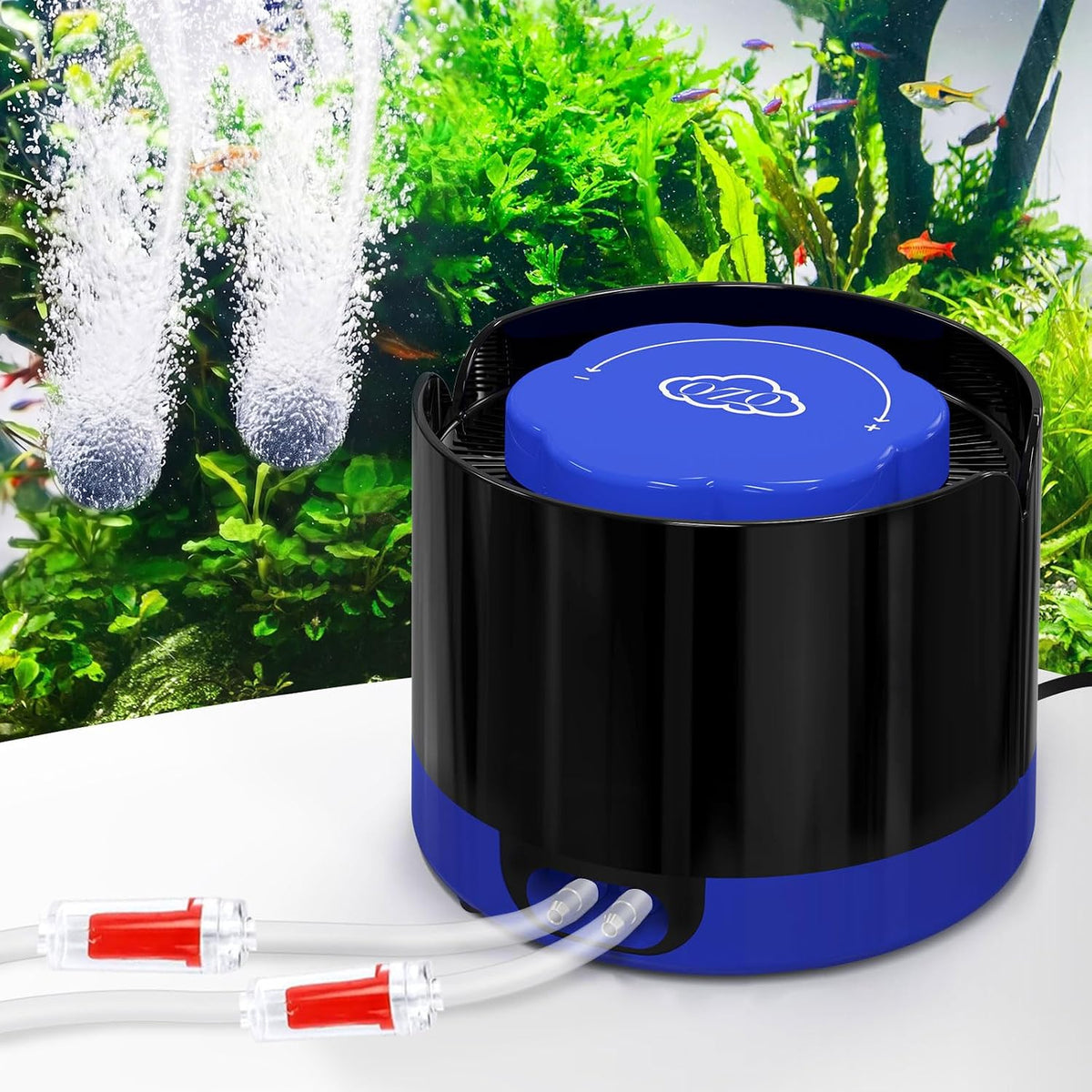 QZQ aquarium air pump front view showing black cylindrical design