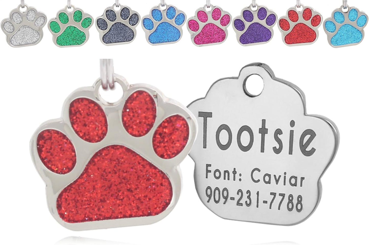 Laser Etched Stainless Steel Pet ID Tags Custom Personalized for Dog & Cat Paw Print Bone Round Tag (Glitter Pink) - Image 14