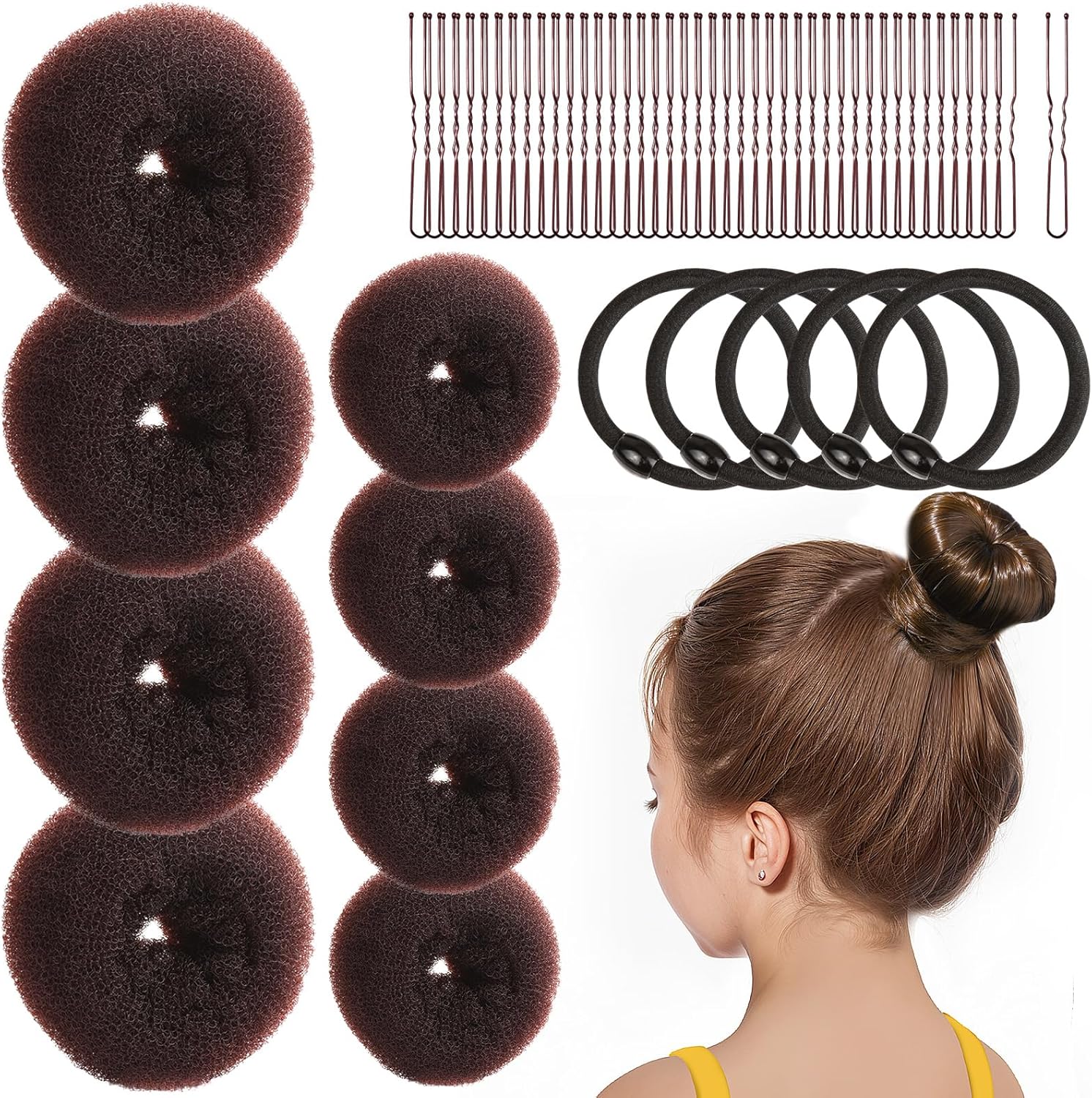 Fandamei kids hair bun maker brown eight count kit front view displaying mesh donuts and hair accessories