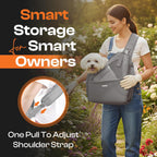 Small puppy inside breathable pet travel pouch