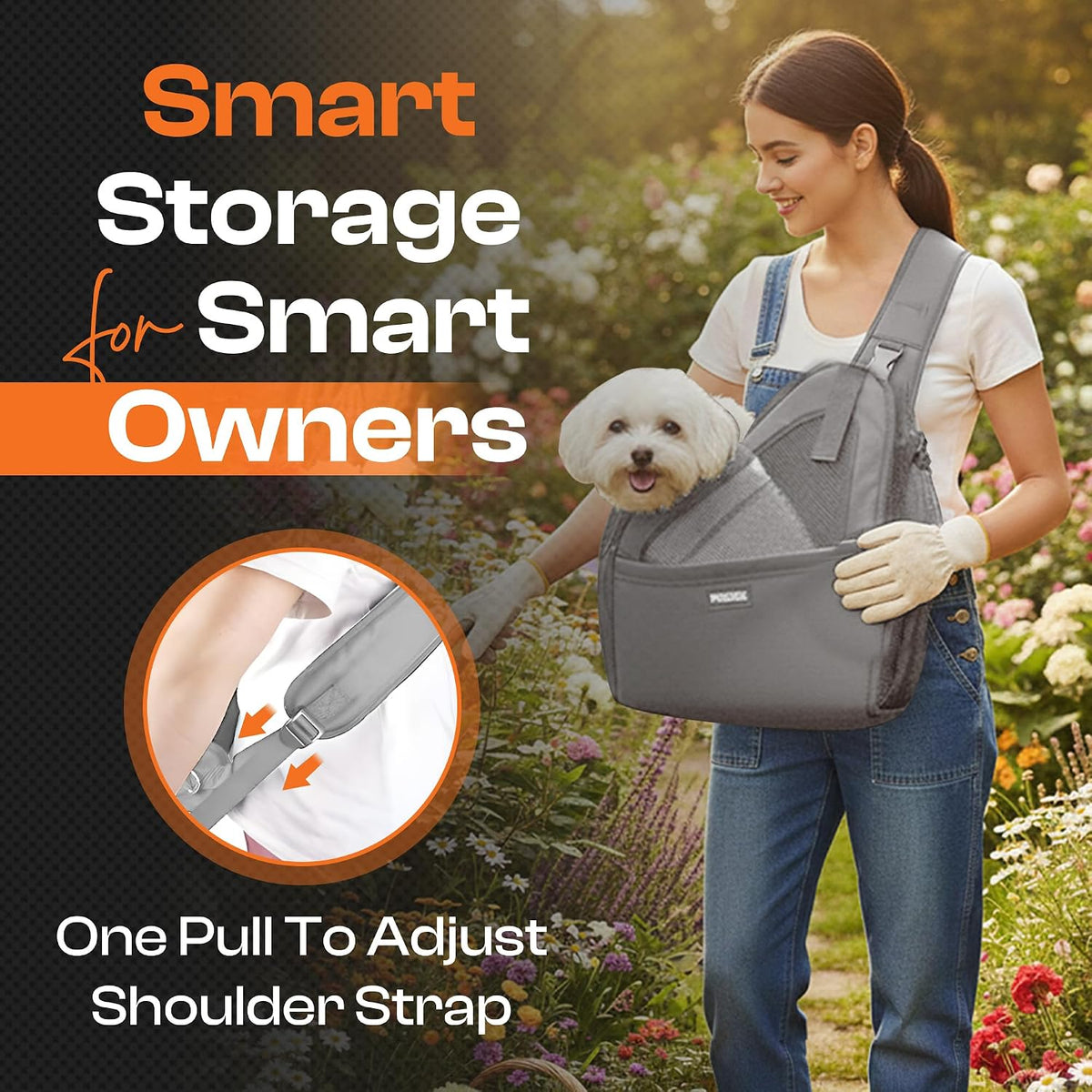 Small puppy inside breathable pet travel pouch