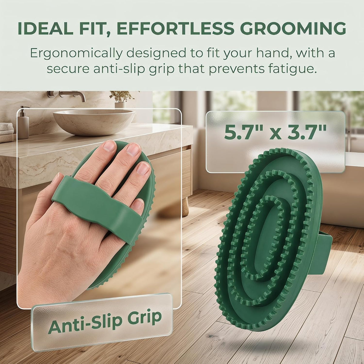 Close up of ergonomic rubber grip on the Ftwtailwise pet bathing massage brush.