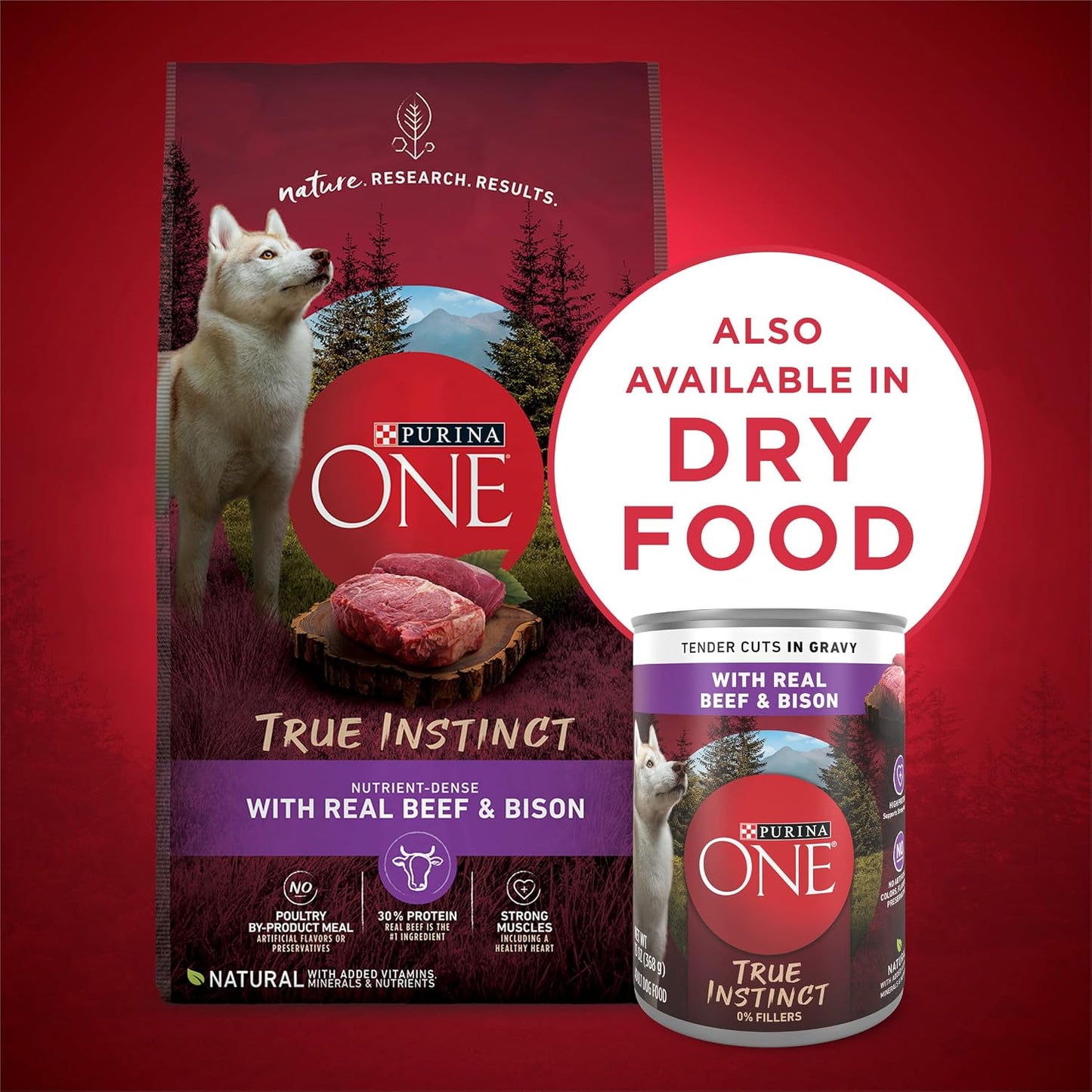 Purina ONE True Instinct adult wet dog food gravy texture and meat chunks look