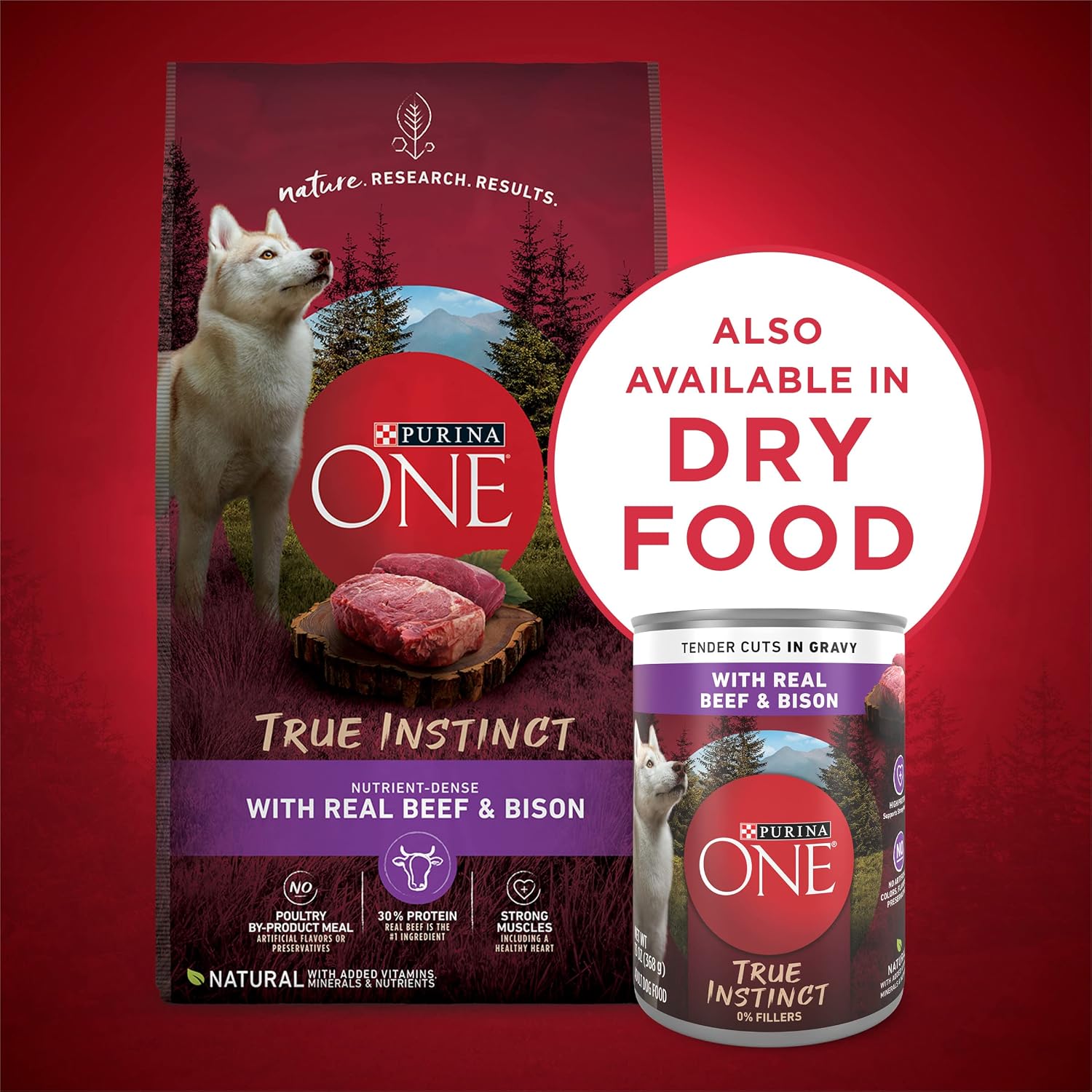 Purina ONE True Instinct adult wet dog food gravy texture and meat chunks look
