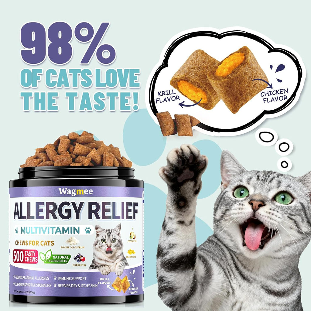 Dual textured crunchy and creamy cat allergy treats displayed next to the supplement bottle.