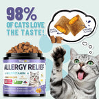 Dual textured crunchy and creamy cat allergy treats displayed next to the supplement bottle.