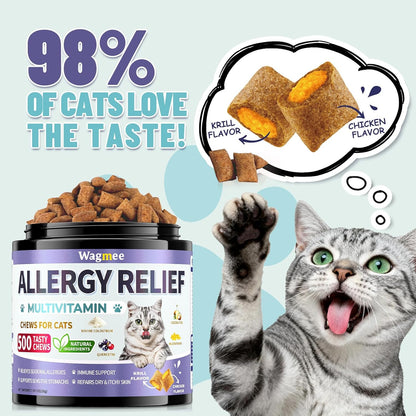 Dual textured crunchy and creamy cat allergy treats displayed next to the supplement bottle.
