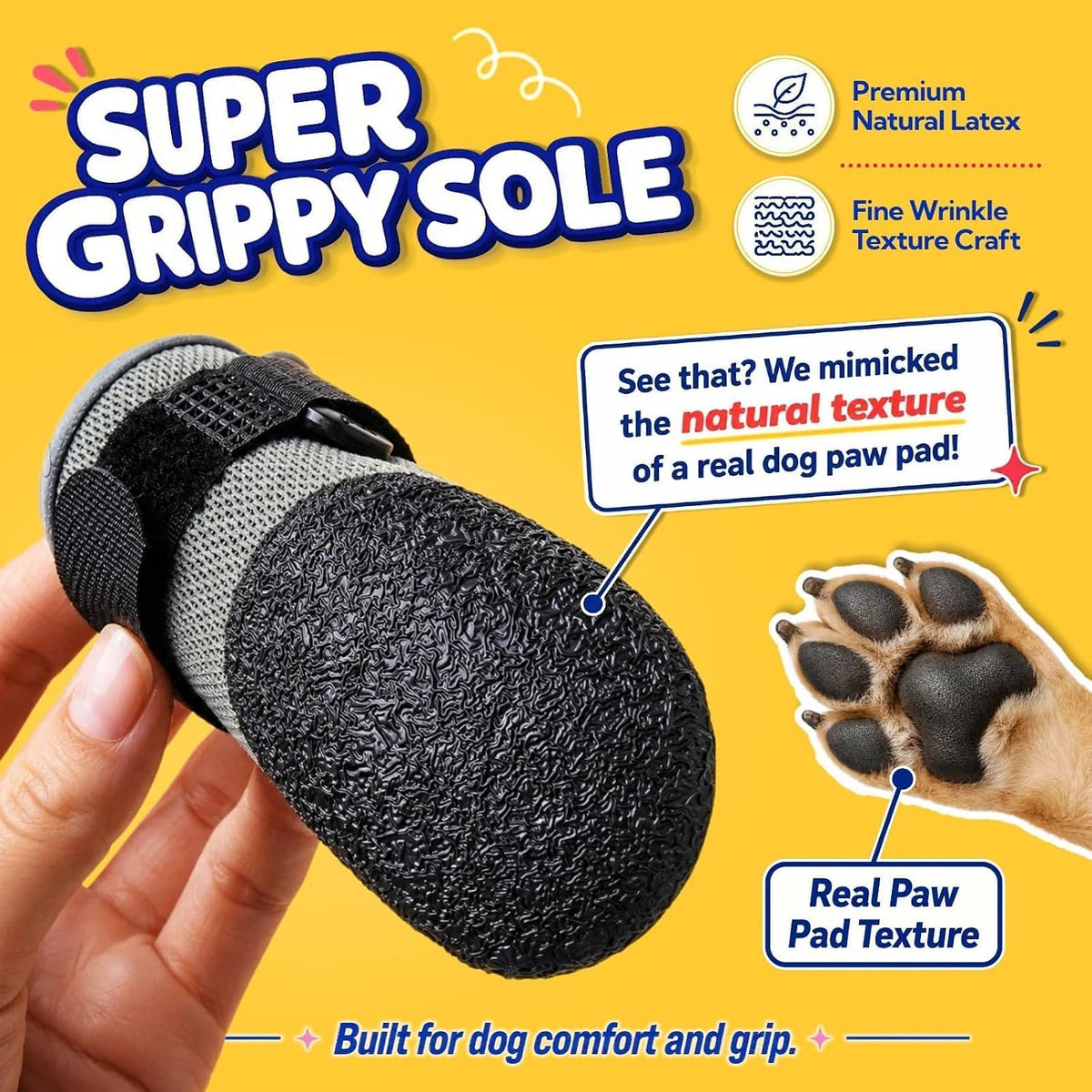 T'CHAQUE dog shoes shown with included storage mesh bag