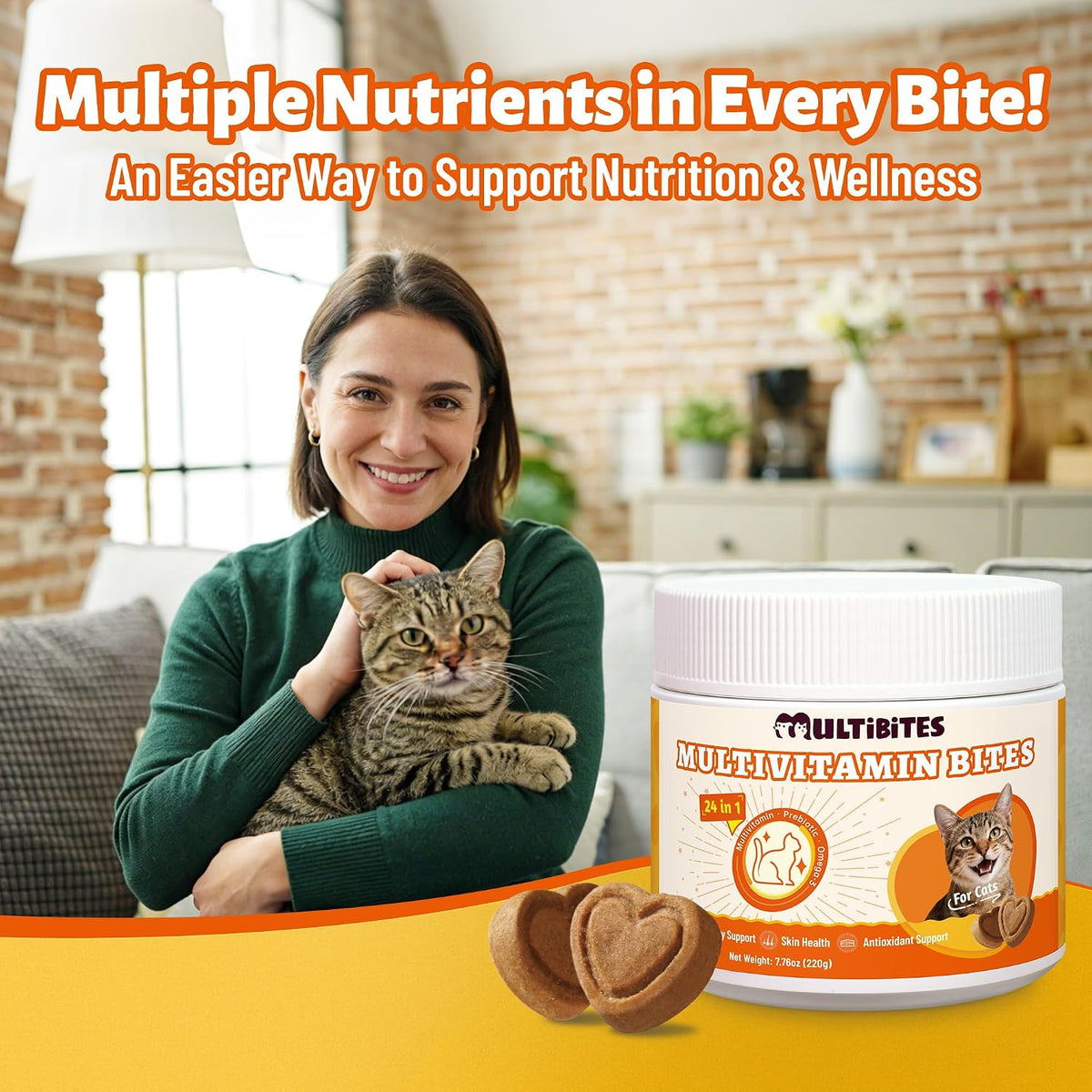 24-in-1 Vitamins Supplements and Taurine for Cats with CoQ10, Lysine, Glucosamine, Omega 3 - Cat Vitamins for Indoor Cats for Heart Health, Immunity Support, Shiny Skin&Coat- 330 Bites - Image 9