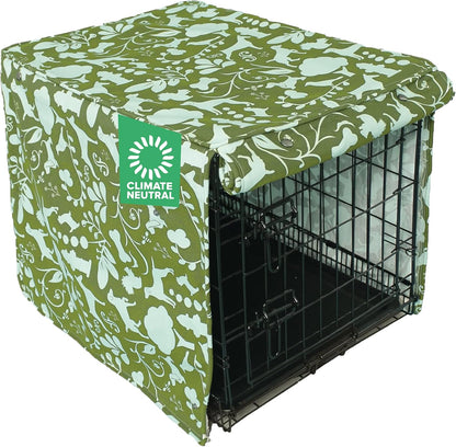 Molly Mutt Amarillo by Morning dog crate cover front view featuring green floral pattern on wire kennel