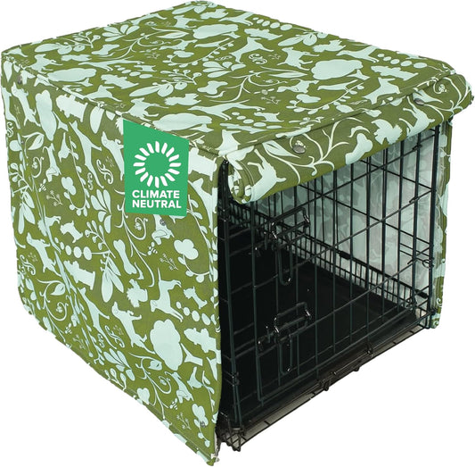 Molly Mutt Amarillo by Morning dog crate cover front view featuring green floral pattern on wire kennel