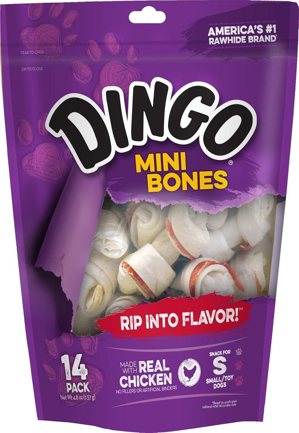 Dingo Mini Bones Rawhide Chews front view packaging for small dogs