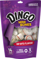 Dingo Mini Bones Rawhide Chews front view packaging for small dogs