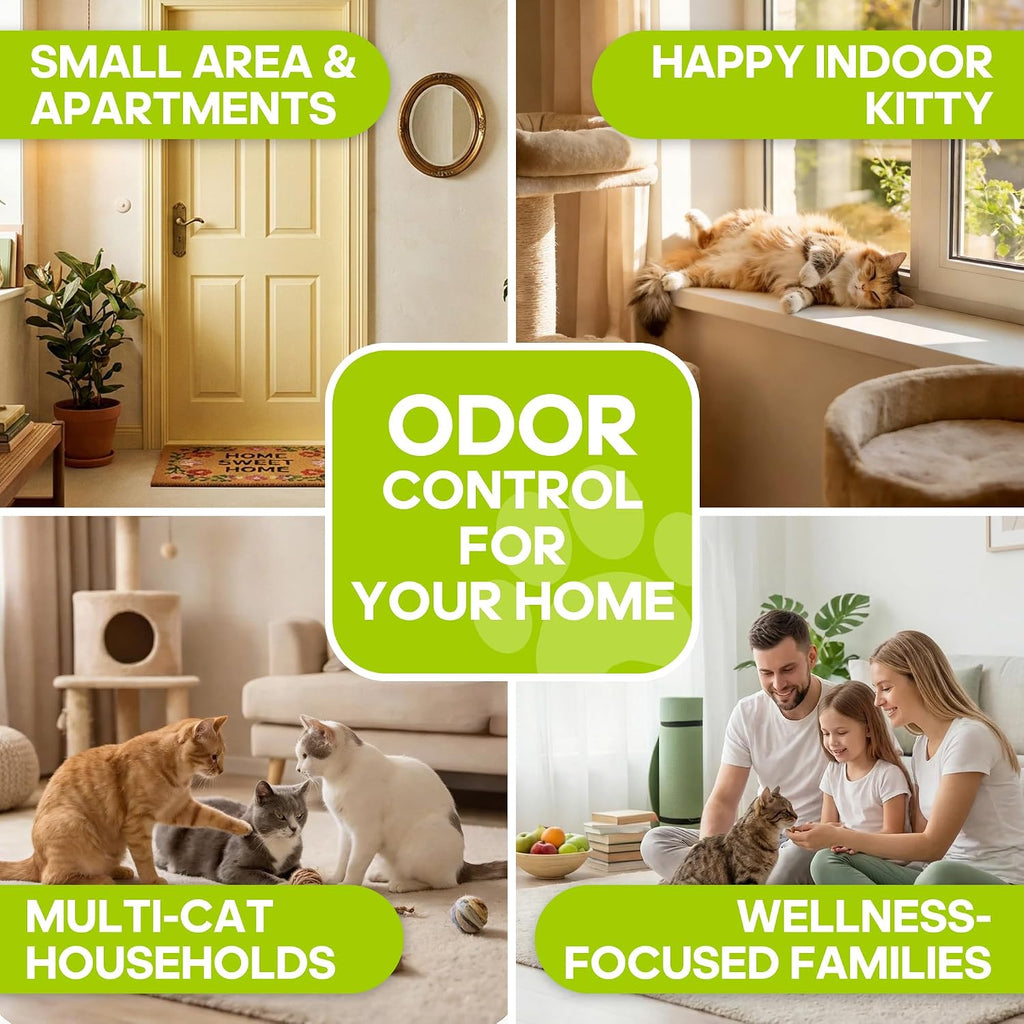 Premium Grayleaf activated carbon litter box freshener lifestyle image with cat