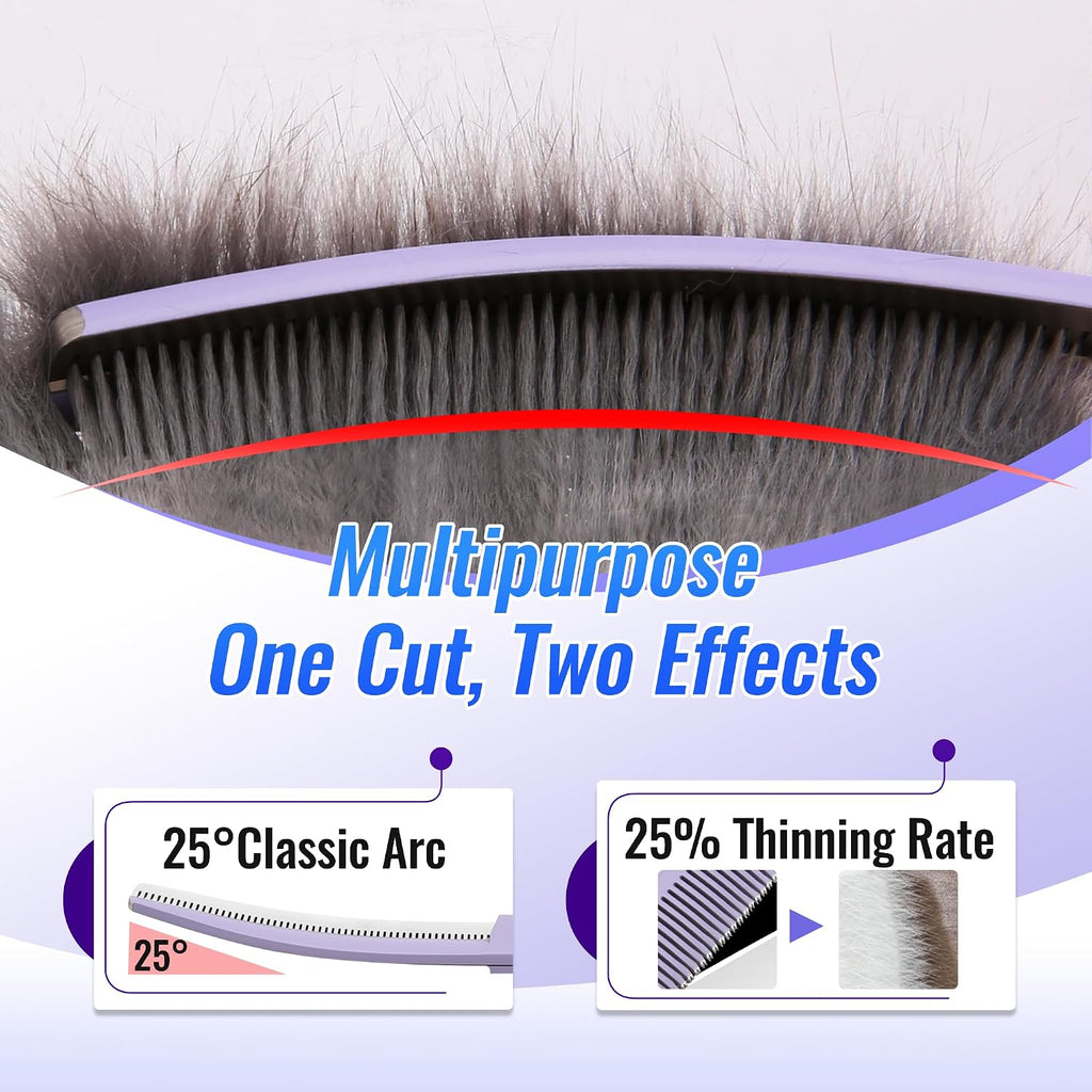 FOGOSP seven inch purple curved thinner scissors showing fifty four teeth detail