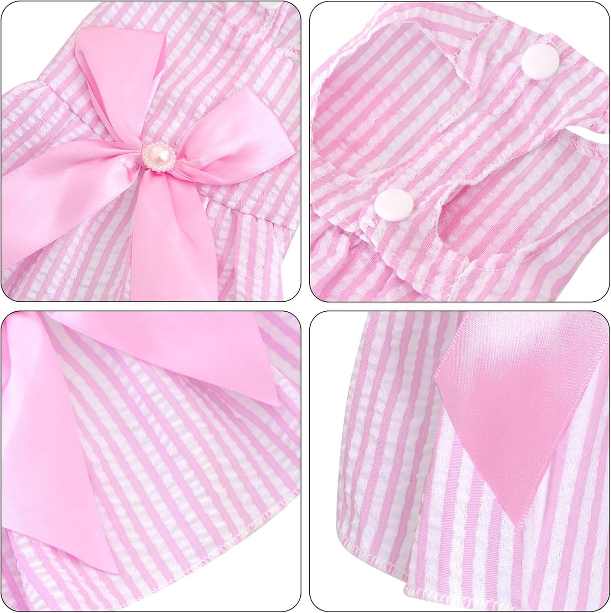Close up detail of central pearl accent on dog party dress.