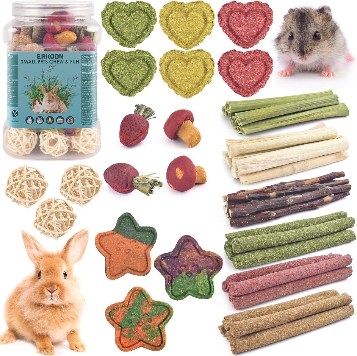 ERKOON 33PCS Bunny Chew Toys for Rabbits Teeth, Natural Rabbit Toys Apple Wood Sticks, Carrot, Timothy Grass Treats for Small Pets, Hamster, Chinchilla, Guinea Pig Dental Care and Treat Teething Toys - Image 9